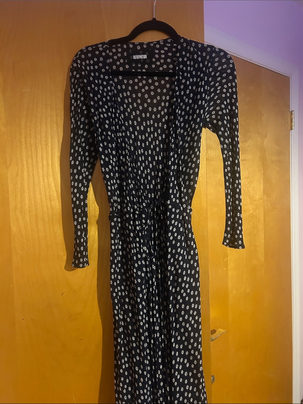 Reformation Black Daisy Print Long-Sleeve Wrap Dress